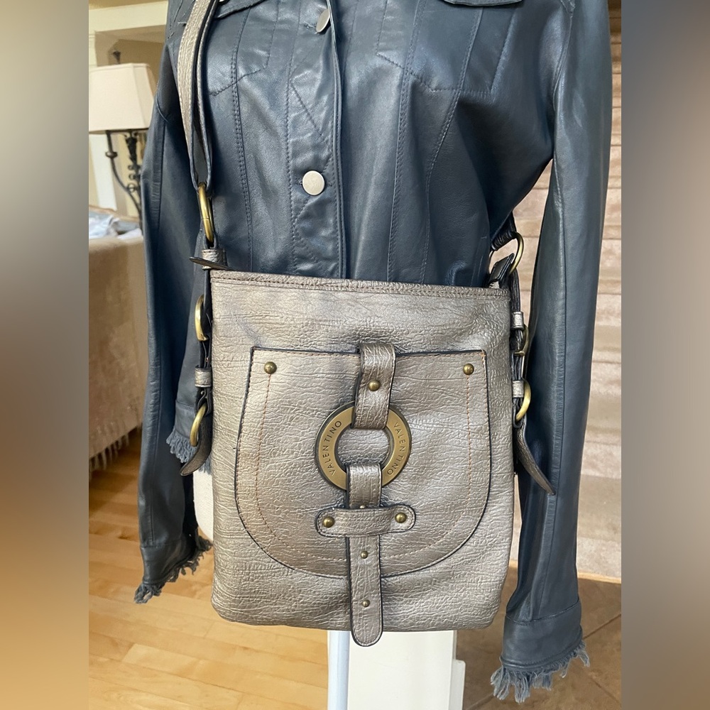 Valentino Gray/Bronze Leather Crossbody Bag with Brass Ring Detail